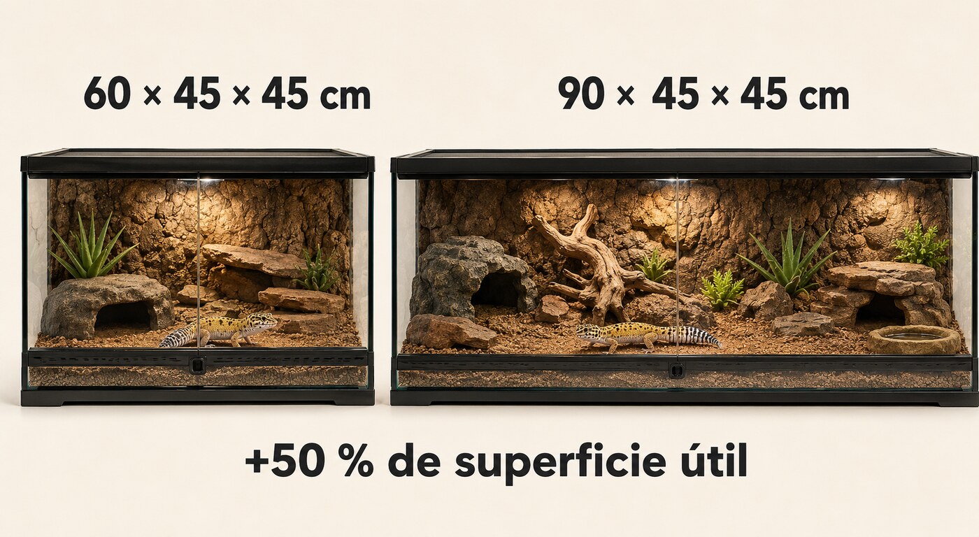 Infografía comparativa entre terrarios de 60 x 45 x 45 cm y 90 x 45 x 45 cm para gecko leopardo.