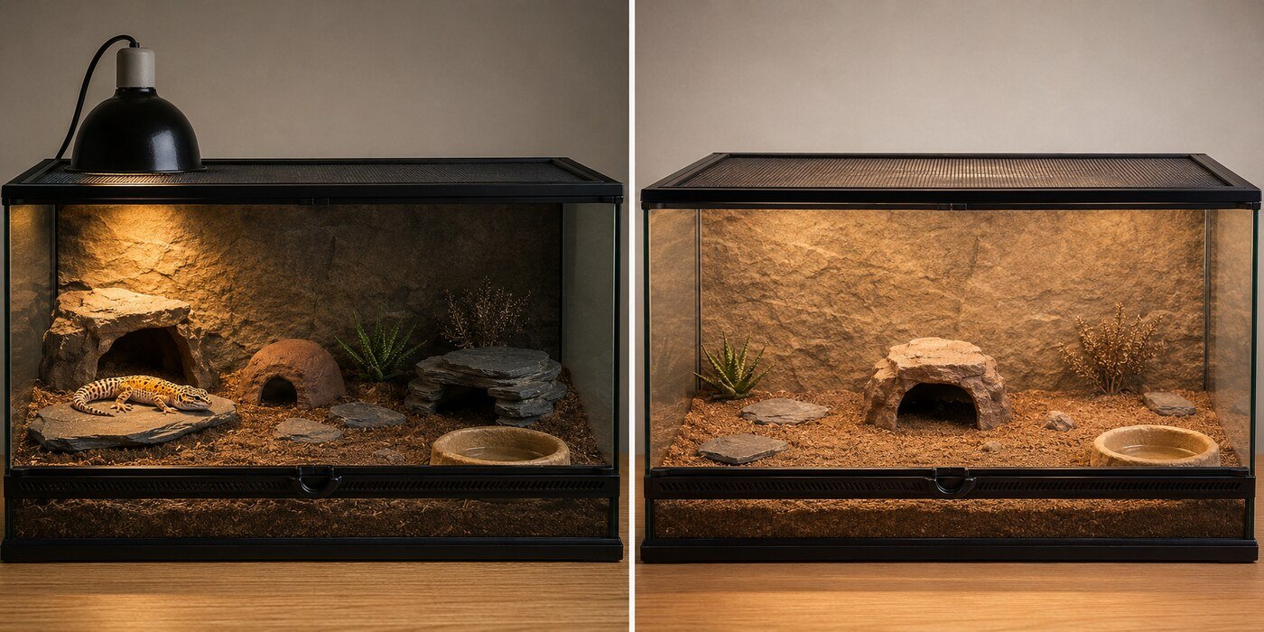 Comparación de un terrario con calor localizado en un extremo frente a otro iluminado y calentado de forma uniforme.