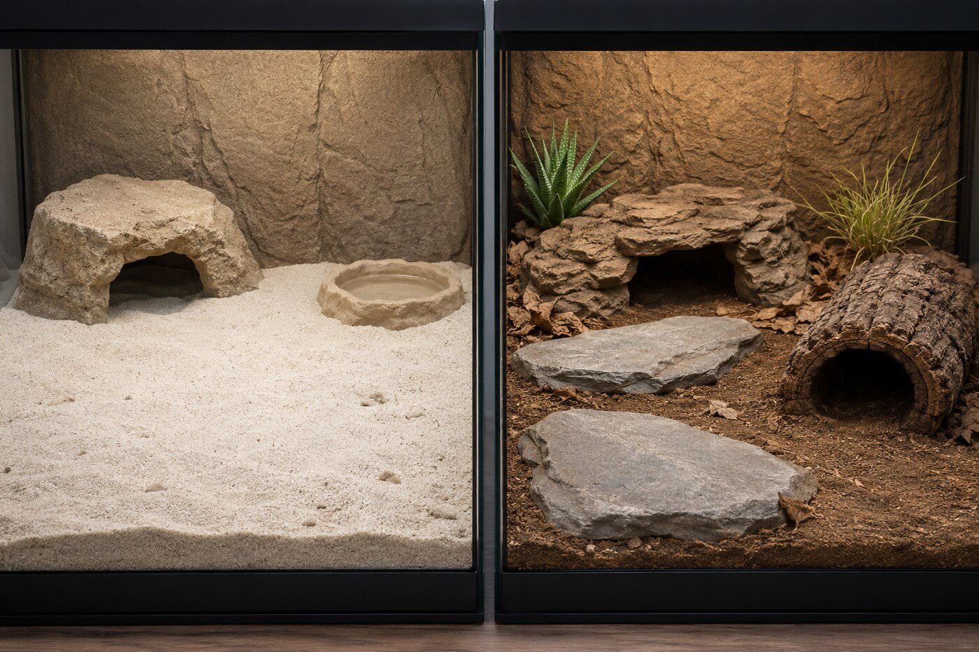 Comparación entre un terrario con arena clara suelta y otro con sustrato natural compacto y refugios para gecko leopardo.