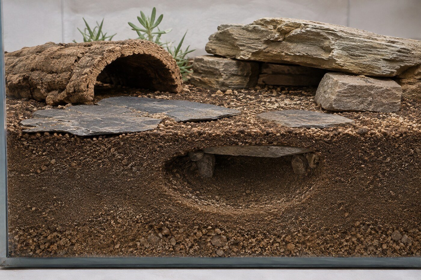 Sección educativa de una capa profunda de sustrato compacto para gecko leopardo con refugios y pizarra estable.