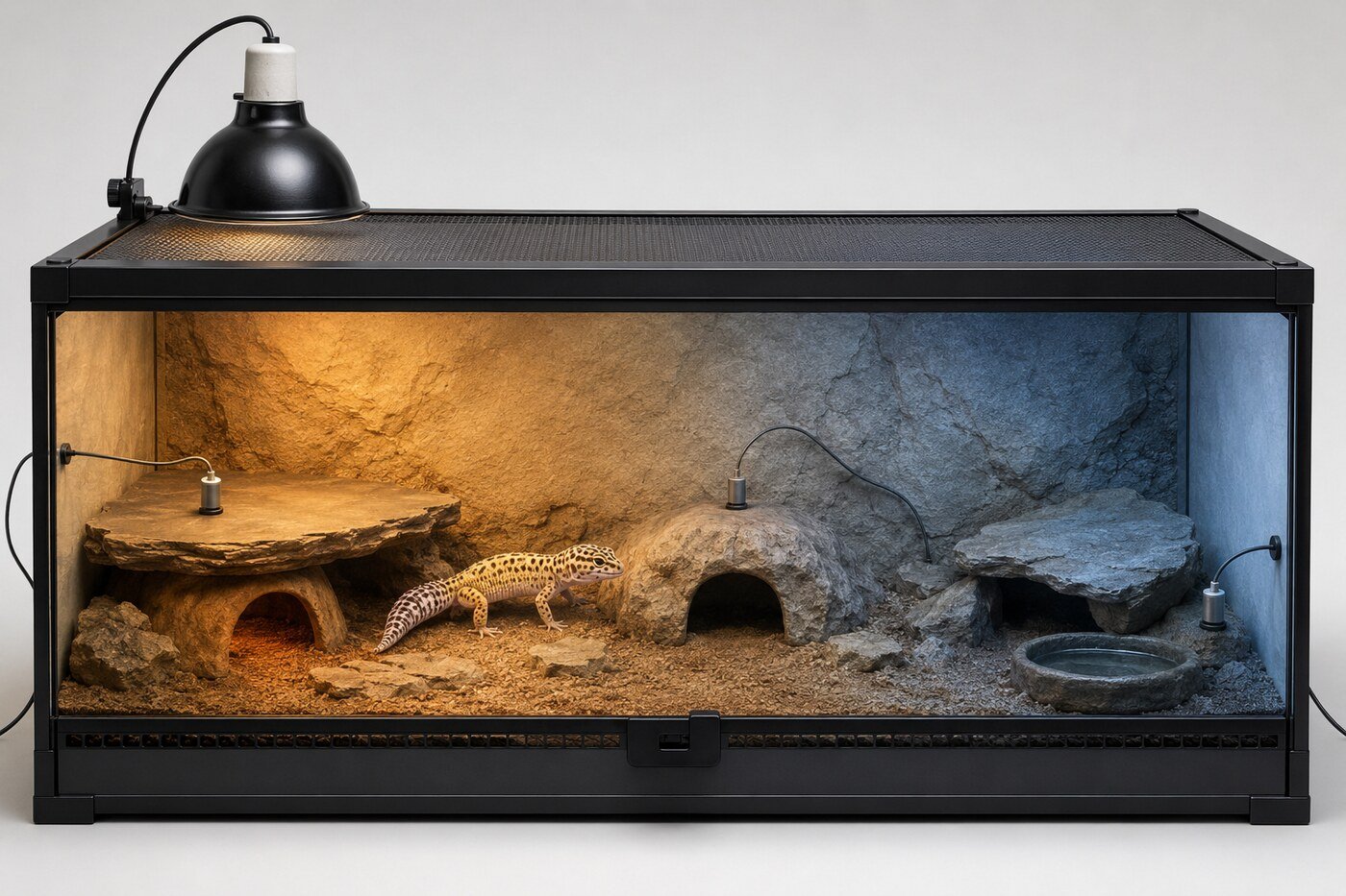 Visualización educativa de un terrario de gecko leopardo con transición de temperatura desde el extremo cálido al fresco y tres sondas de medición.