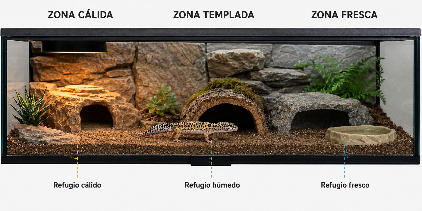 Esquema de gradiente térmico orientativo para un terrario de 90 x 45 x 45 cm para gecko leopardo.