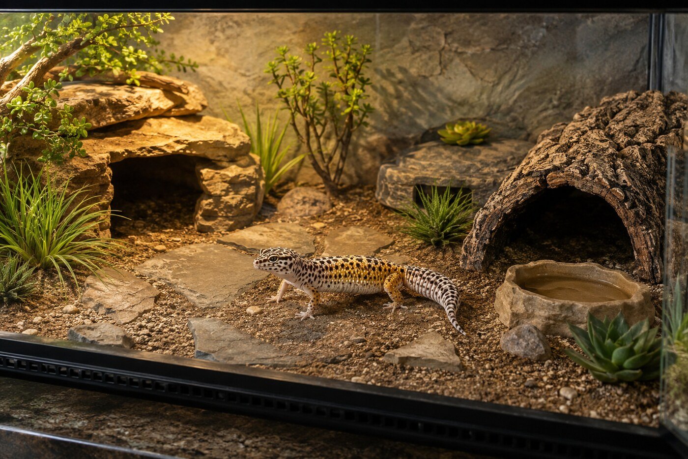 Gecko leopardo adulto en un terrario naturalista con sustrato compacto de tierra, arena lavada y arcilla.