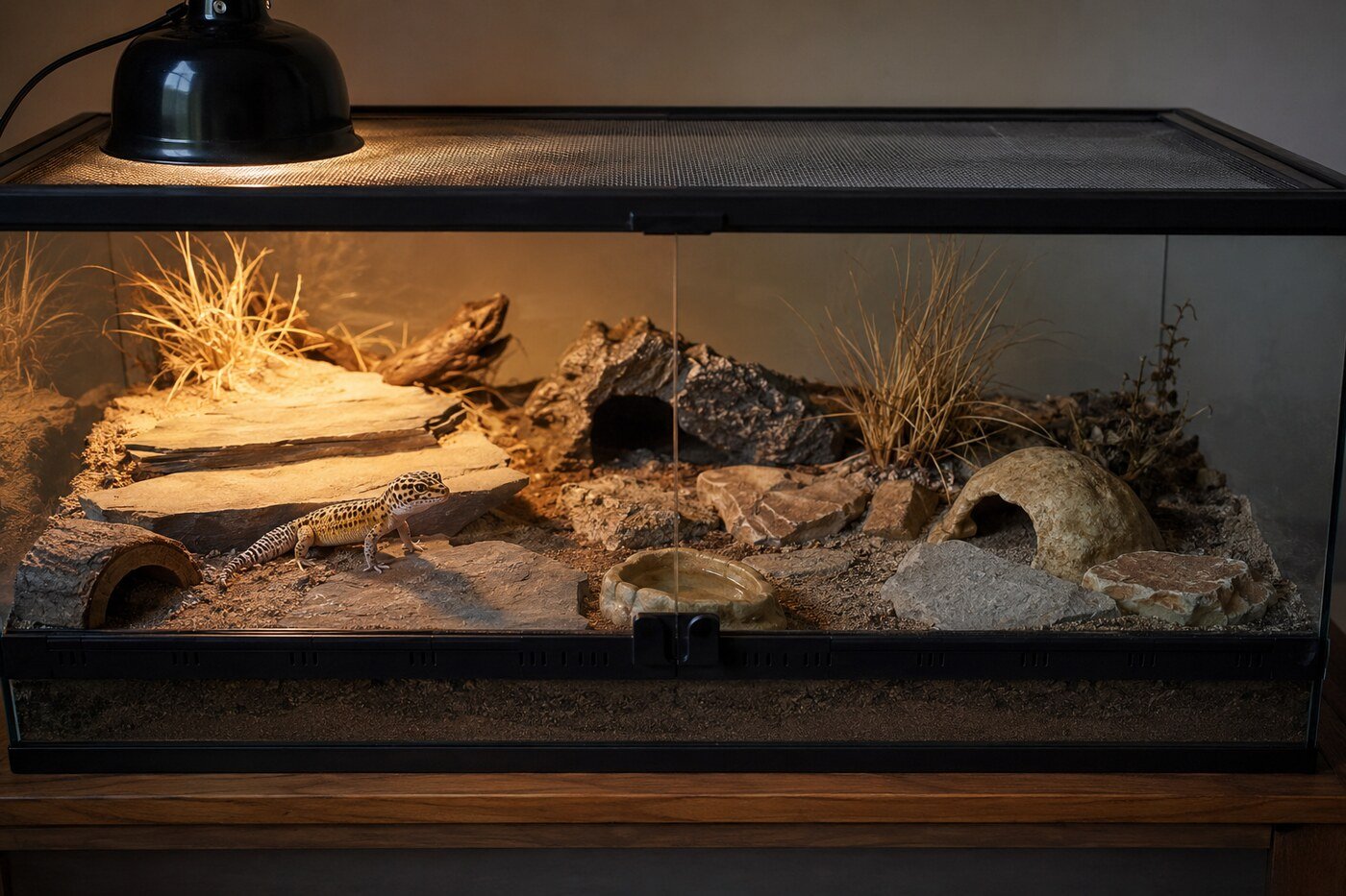 Gecko leopardo adulto en un terrario semiárido con una lámpara de calor situada sobre el extremo cálido y una zona fresca sombreada.