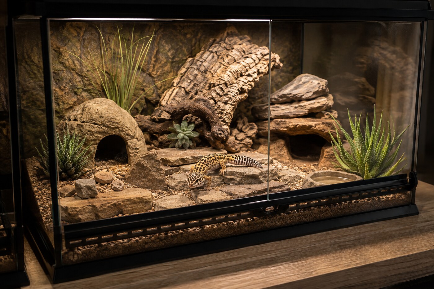 Terrario desértico de 90 x 45 x 45 cm para gecko leopardo adulto, con refugios, rocas y cuenco de agua.
