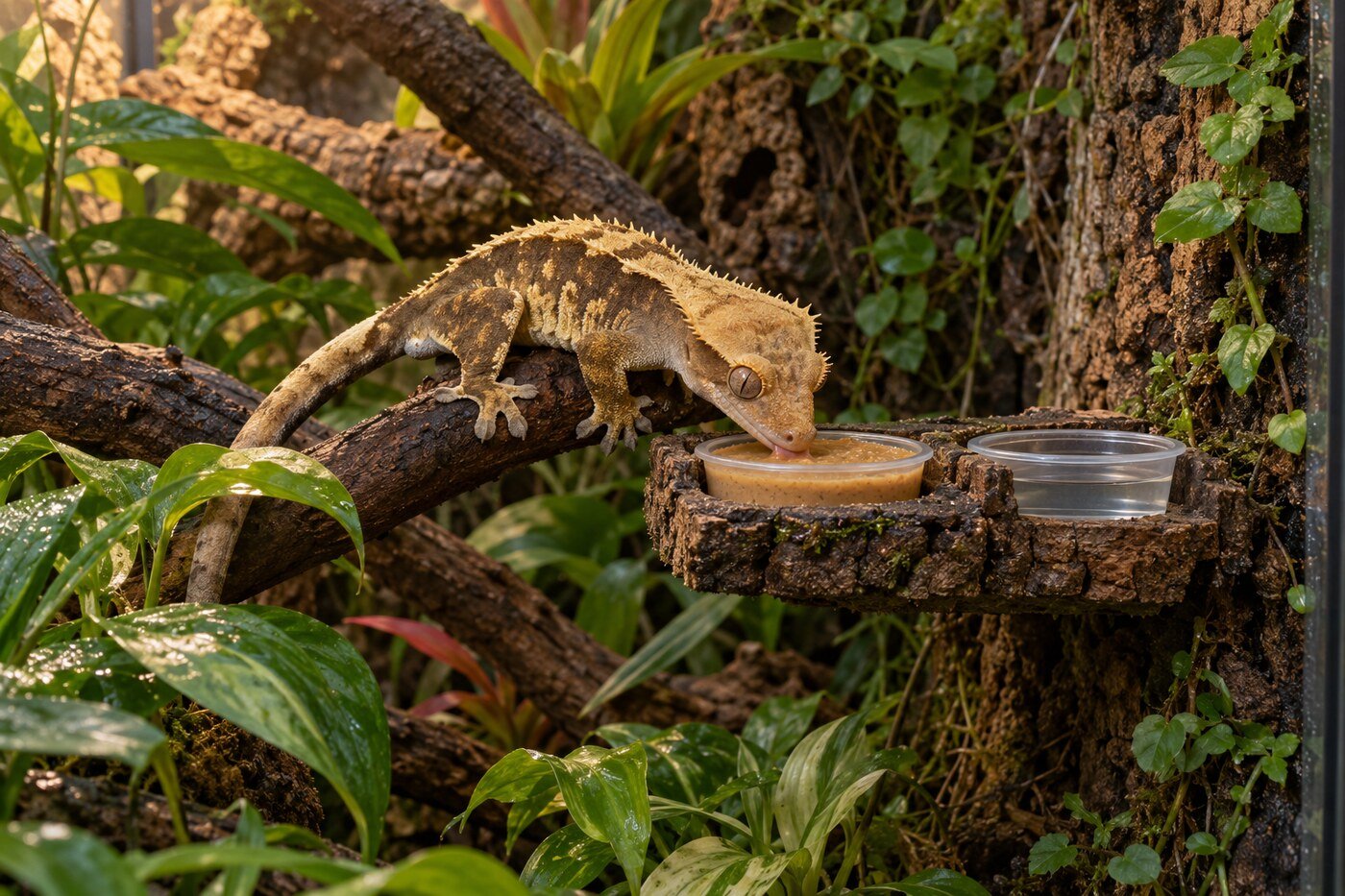 Gecko crestado adulto comiendo alimento completo preparado en un comedero elevado dentro de un terrario tropical.