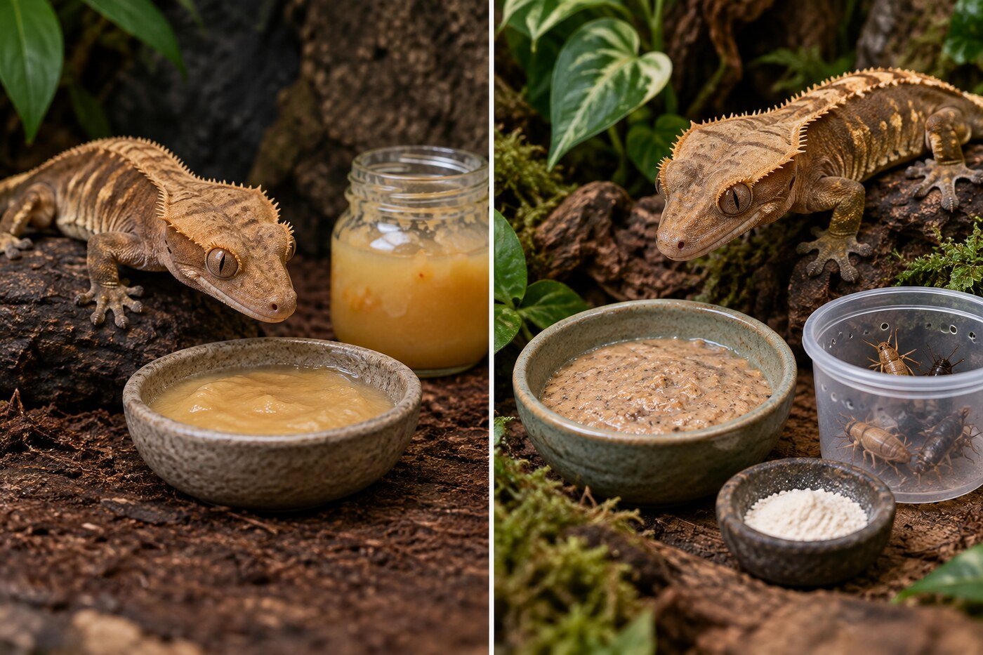 Comparación entre un puré de fruta aislado y una dieta completa para gecko crestado acompañada de insectos y calcio.