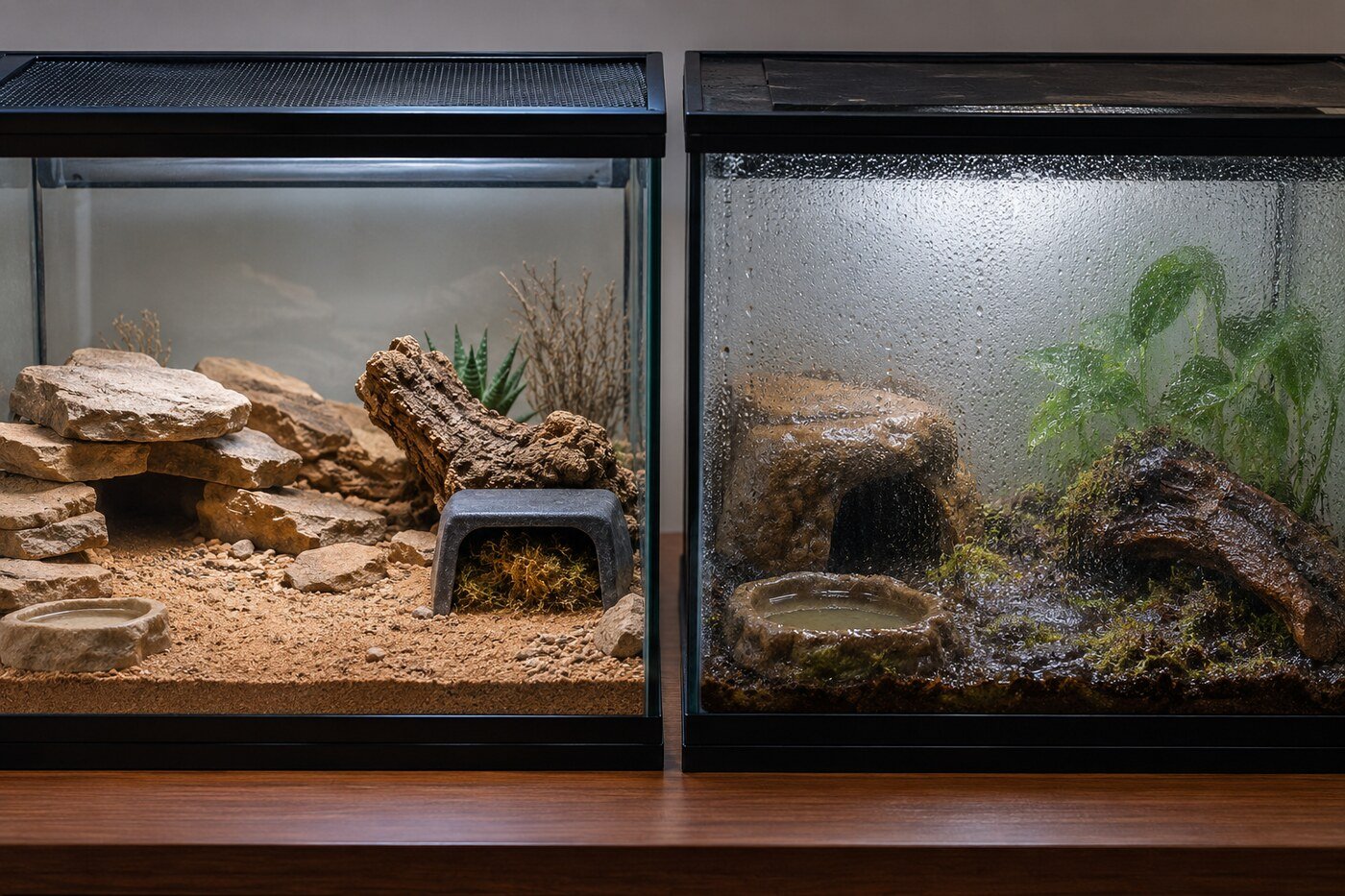 Comparación entre un terrario seco con refugio húmedo localizado y otro terrario completamente mojado y con condensación.