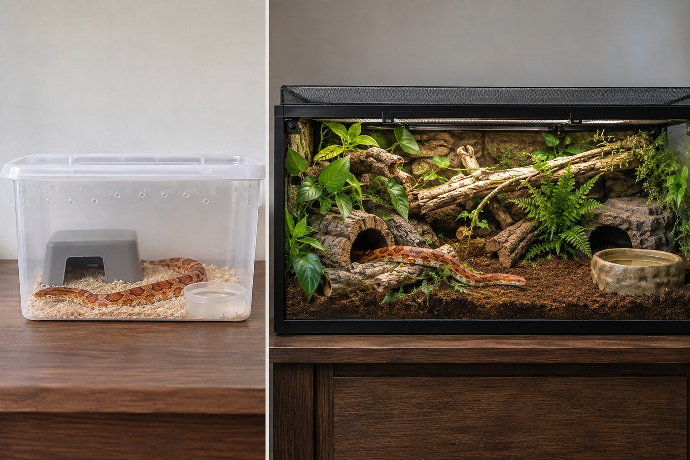 Comparación entre una caja pequeña y desnuda y un terrario amplio y enriquecido para serpiente del maíz.