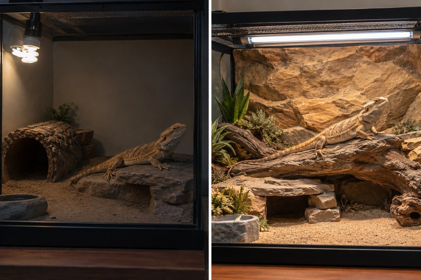 Comparación fotográfica entre una bombilla UVB compacta aislada y un tubo UVB T5 lineal para pogona.