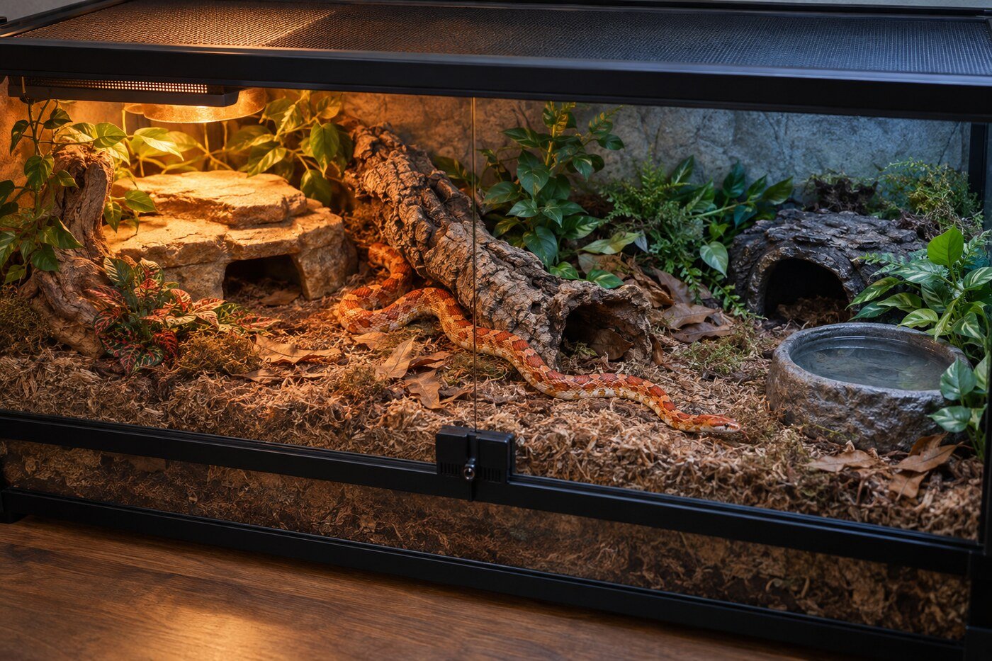 Terrario de serpiente del maíz con zona cálida iluminada y extremo fresco sombreado con refugio y agua.