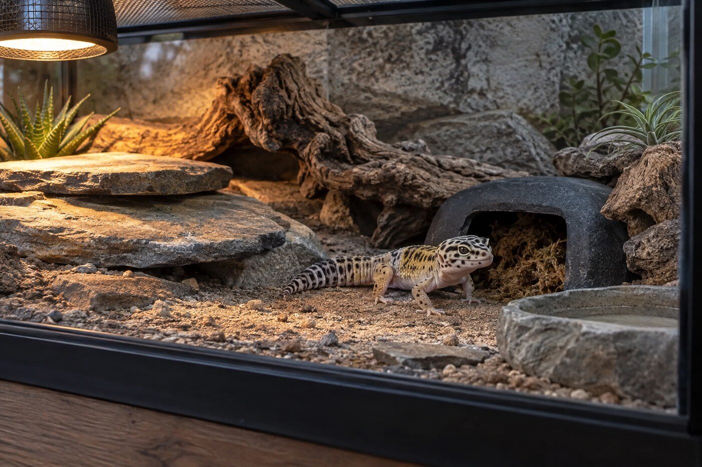 Gecko leopardo adulto en un terrario semiárido seco con un refugio húmedo localizado que contiene musgo.