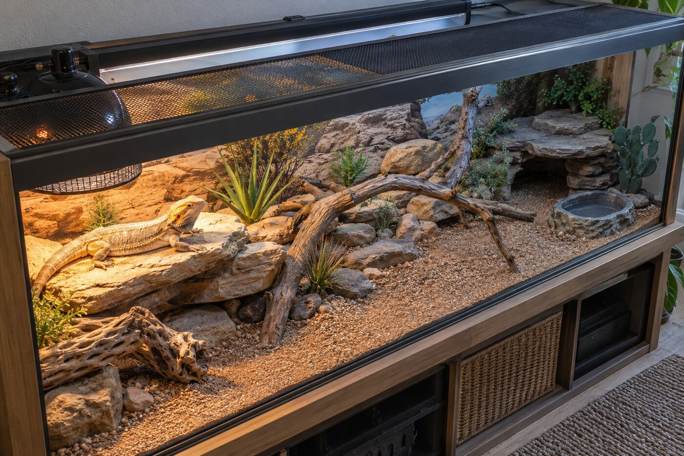 Terrario de pogona con tubo UVB y calor solapados en un extremo y refugio sombreado en el extremo contrario.