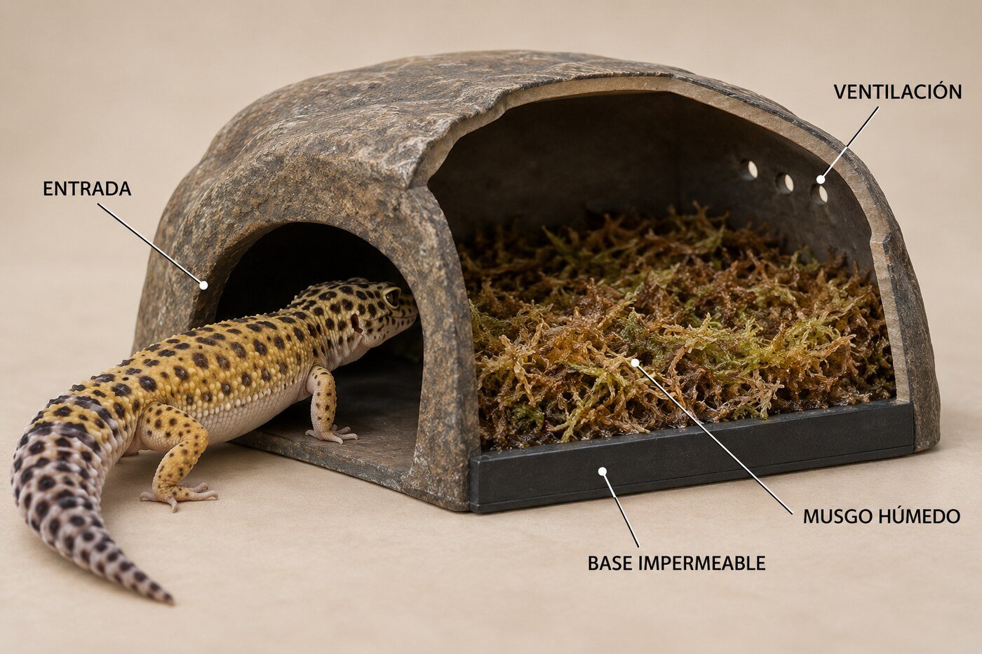 Corte educativo de un refugio húmedo para gecko leopardo con entrada, musgo húmedo, base impermeable y ventilación.