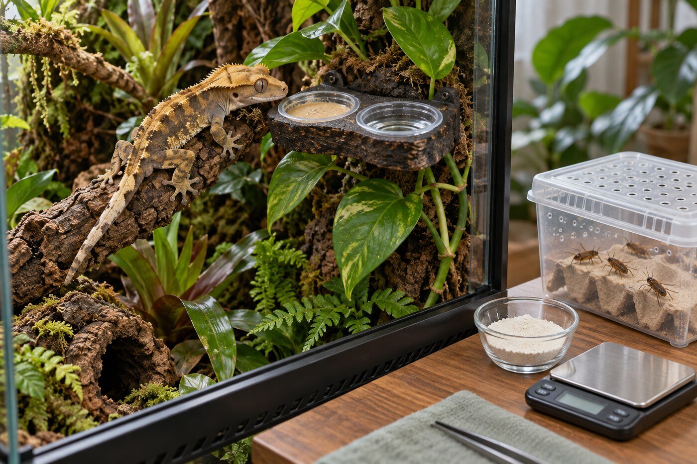 Rutina de alimentación de gecko crestado con comedero elevado, agua, insectos contenidos, calcio y báscula digital.