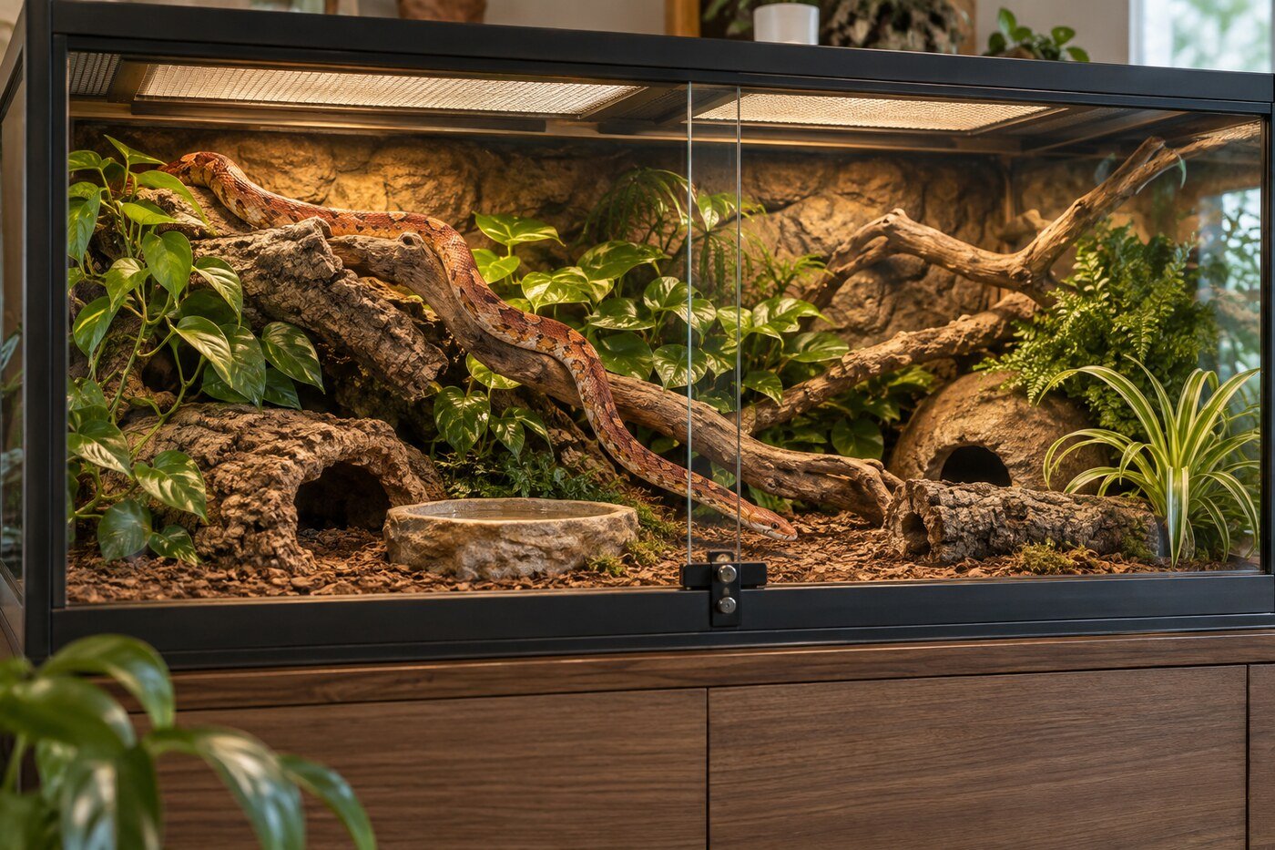 Serpiente del maíz adulta explorando un terrario amplio con ramas, refugios, sustrato natural y bebedero.