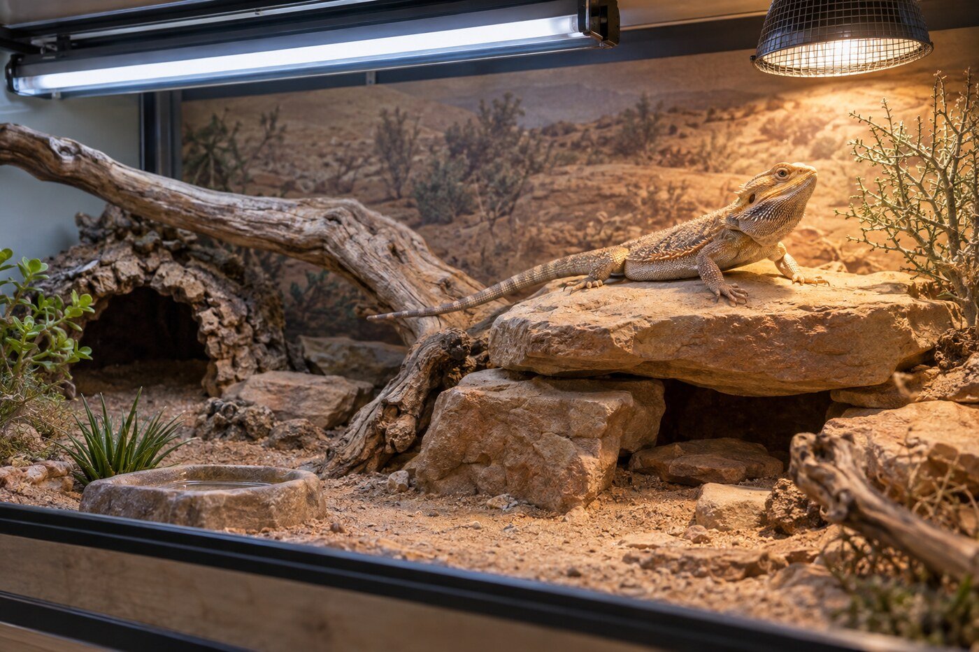 Pogona adulta tomando el sol bajo un tubo UVB T5 y una lámpara de calor en un terrario desértico naturalista.