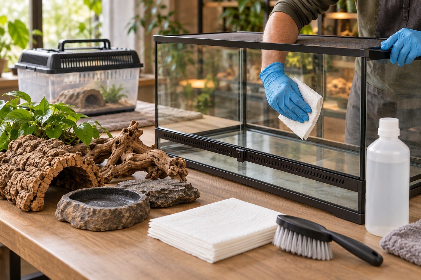 Persona con guantes limpiando un terrario de cristal vacío mientras la decoración y el transportín permanecen separados.