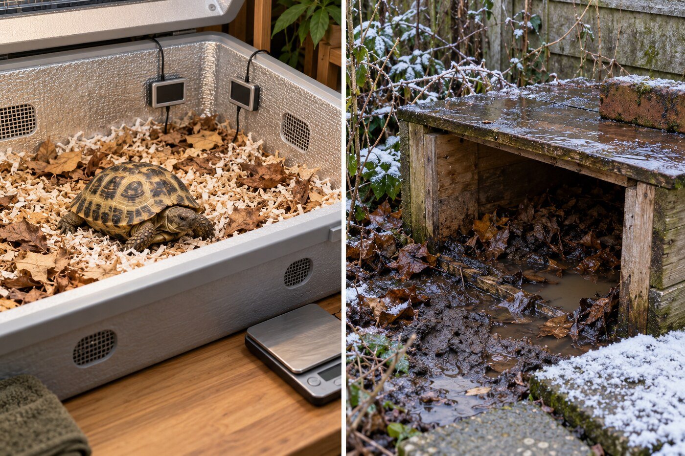 Comparación entre un sistema interior aislado y monitorizado para tortuga rusa y un refugio exterior húmedo expuesto a heladas.