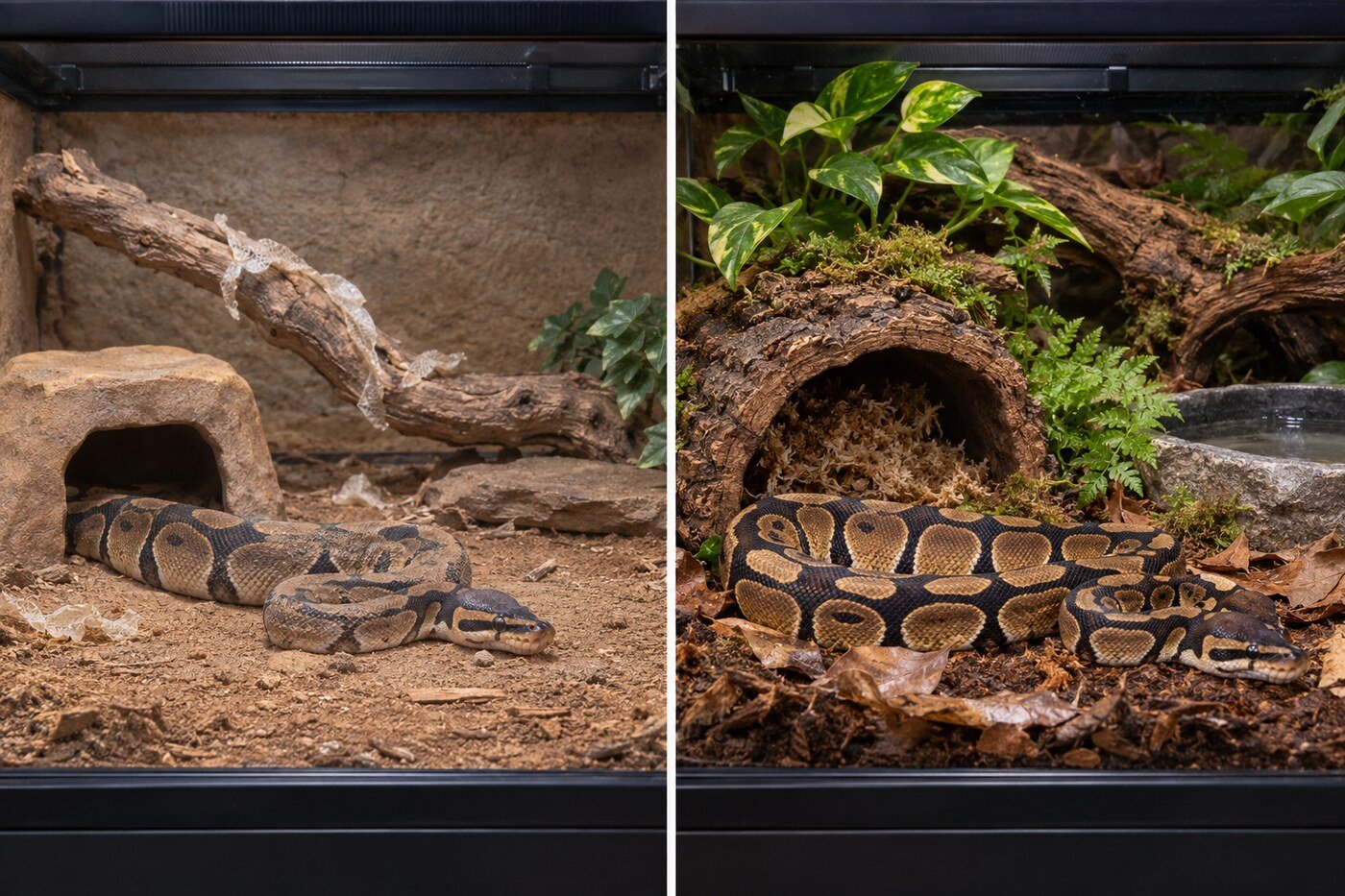 Comparación fotográfica entre un terrario demasiado seco y otro con sustrato profundo, refugio húmedo y cobertura para pitón real.
