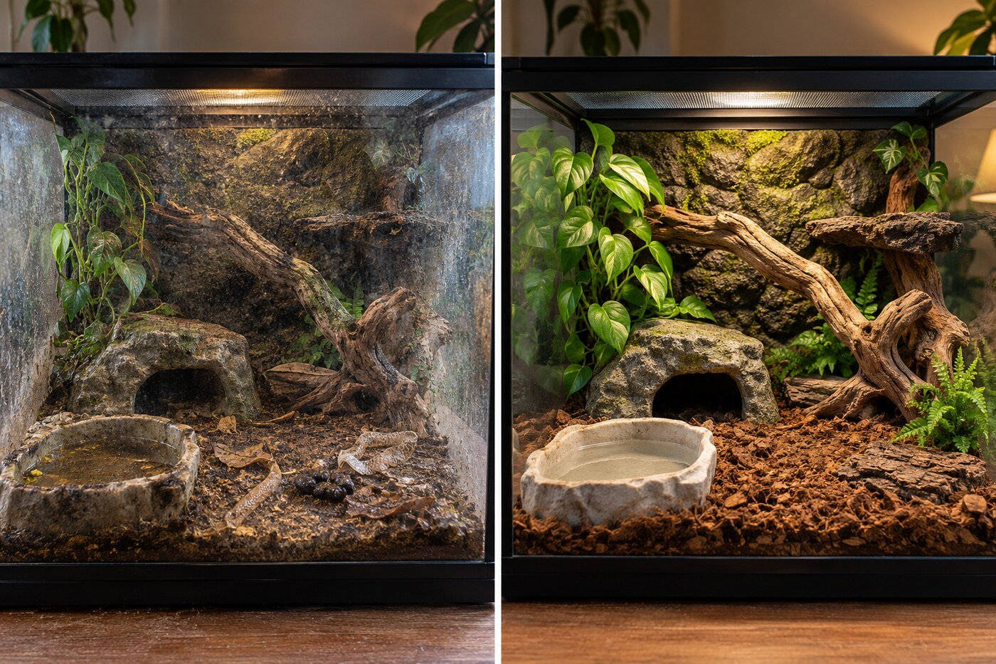 Comparación fotográfica entre un terrario con residuos y cristales sucios y el mismo recinto limpio y ordenado.