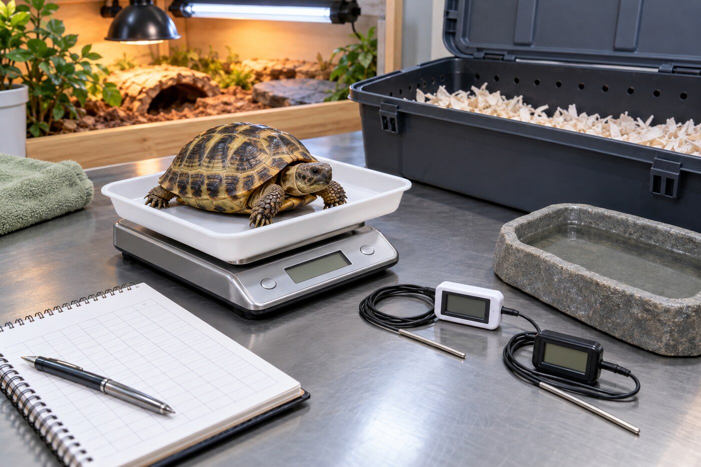 Tortuga rusa sobre una báscula junto a dos termómetros con sonda, registro de peso, recipiente de agua y caja ventilada.