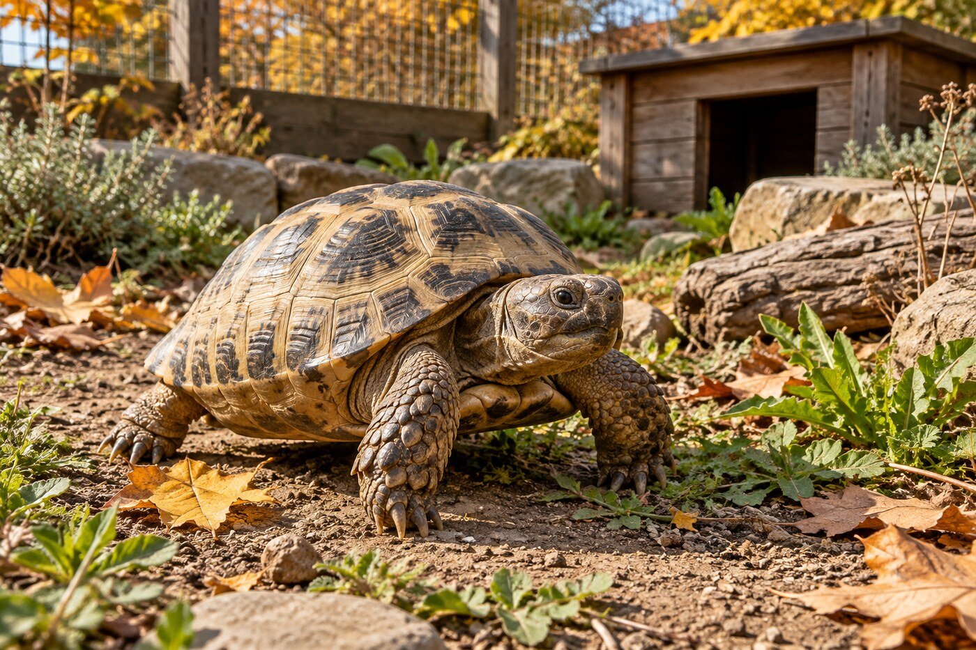 Tortuga rusa adulta y sana caminando en un recinto exterior seguro durante el otoño, con refugio, tierra y vegetación.