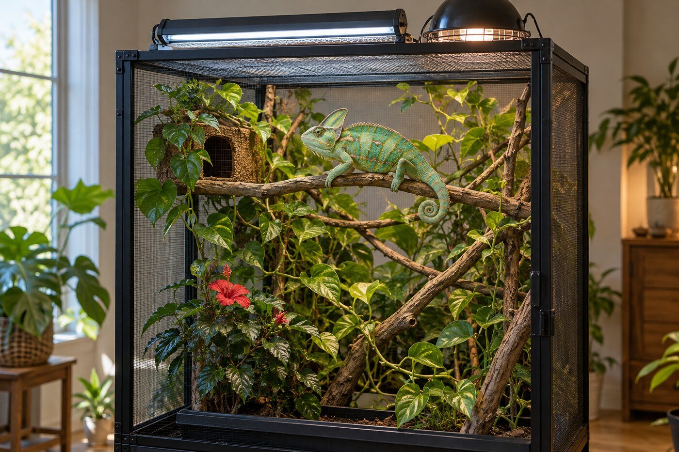Camaleón de Yemen adulto en una rama dentro de un terrario vertical amplio, ventilado y con plantas naturales.